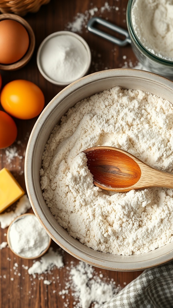 A bowl of all-purpose wheat flour with baking ingredients on a rustic countertop.